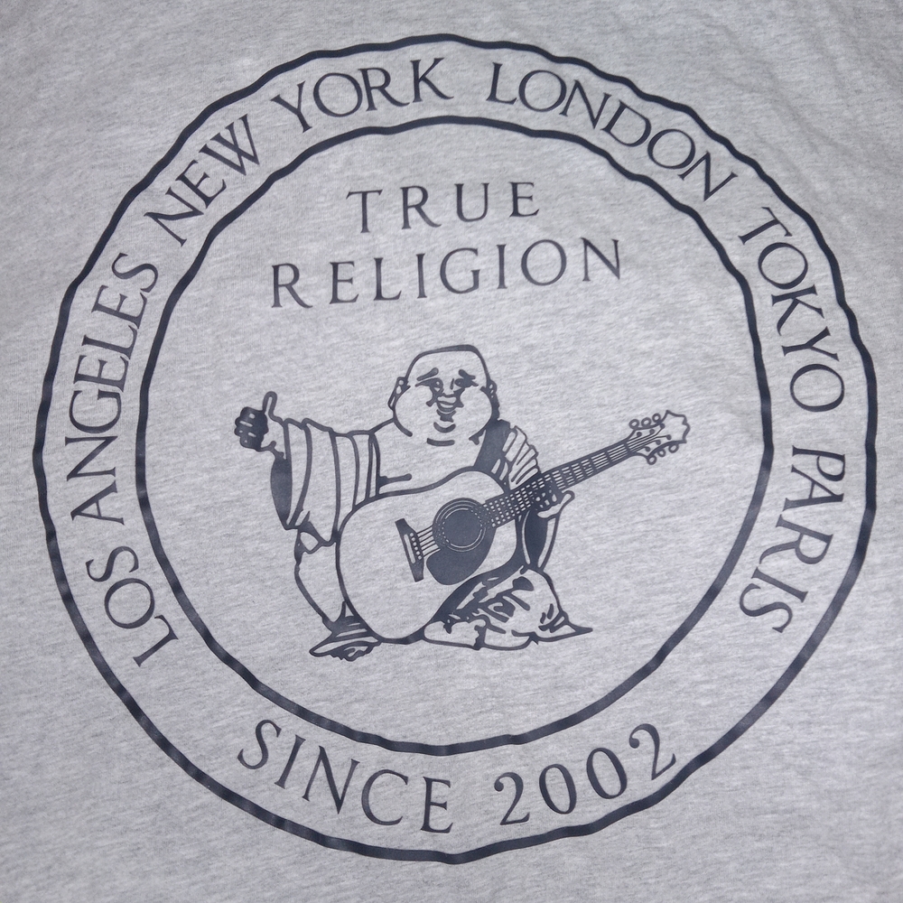 True Religion Short Sleeve Stamp Buddha Graphic Logo T-shirt Heather Grey Sz XL - Picture 5 of 7